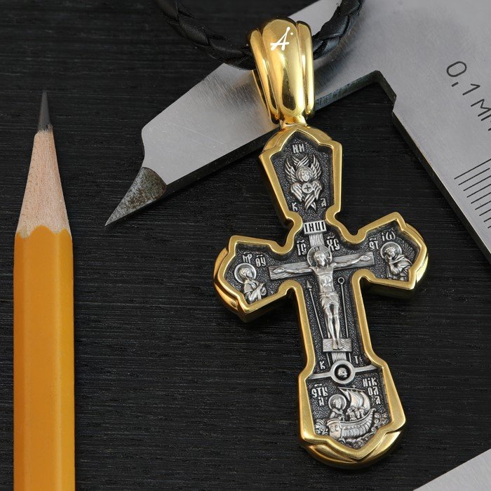 крест «распятие. казанская икона. св. николай чудотворец», серебро 925 проба с золочением (арт. 101.835-п)